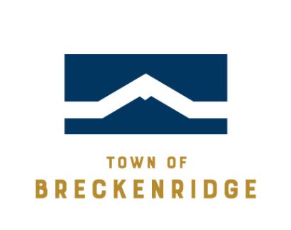 Town of Breckenridge logo with gold lettering and a blue box with the outline of a mountain in the middle